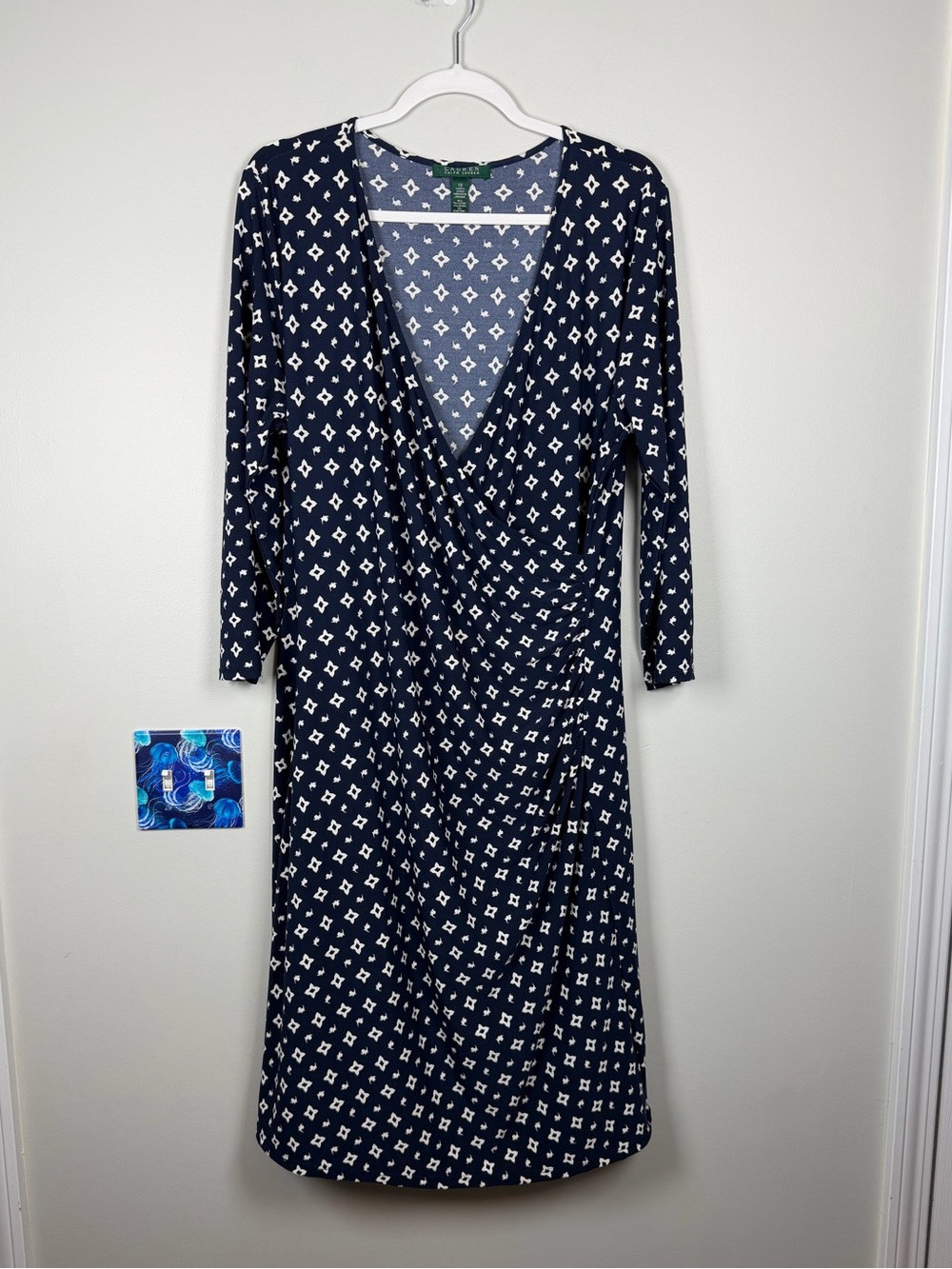 Lauren Ralph Lauren Jersey Knit Navy Blue White Ruched Midi Faux Wrap Dress 1X